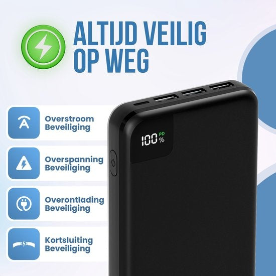 Strex Powerbank – 4 Poorten, 27.000 mAh, 22.5W Snelladen – 16 x 7.4 x 2.5 cm – Zwart