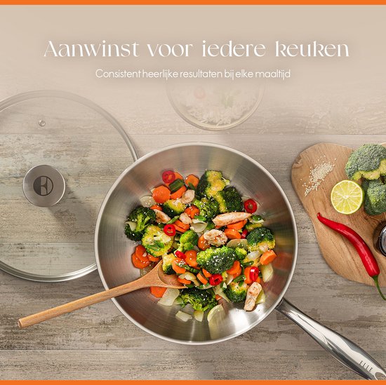 ELLE Gourmet Classique RVS Wokpan met Deksel - Ø 28 cm - PFAS vrij - Inductie