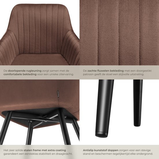 tectake® Eetkamerstoel Marilyn - Gestoffeerde Stoel in Fluweellook - Stikpatroon - Zwarte Stoelpoten - Ergonomische Keukenstoel - Met Doorlopende Rugleuning en Armleuningen - Stoel voor Woonkamer, Eetkamer, Slaapkamer - Bruin