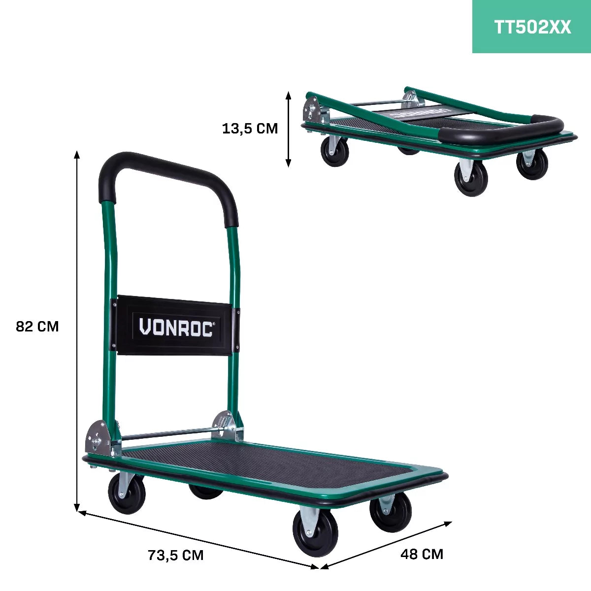 VONROC Plateauwagen Transportwagen TT502XX – 150 kg Draagvermogen Met Soft Grip Handvat En Inklapbaar Voetmechanisme – Voor Magazijn En Verhuizing – Gepoedercoat Staal En Rubber – 74 x 48 x 82 cm