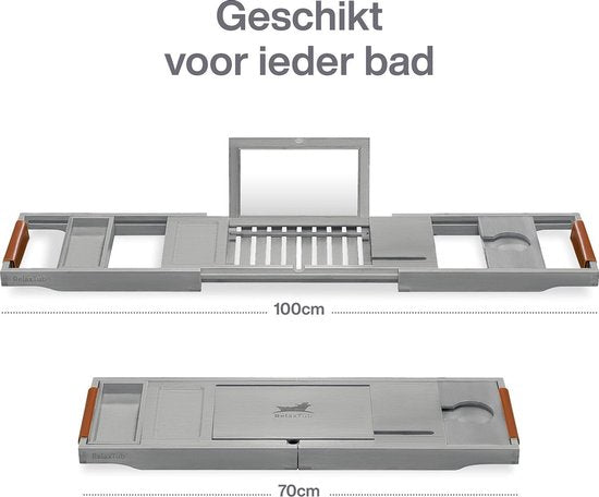 RelaxTub® Badplank - Badplank voor in Bad - Badrek - Verstelbaar - Anti Slip - Badplank Grijs - Badplank Hout - Badrekje inclusief Boekenhouder, Tablethouder & Spiegel