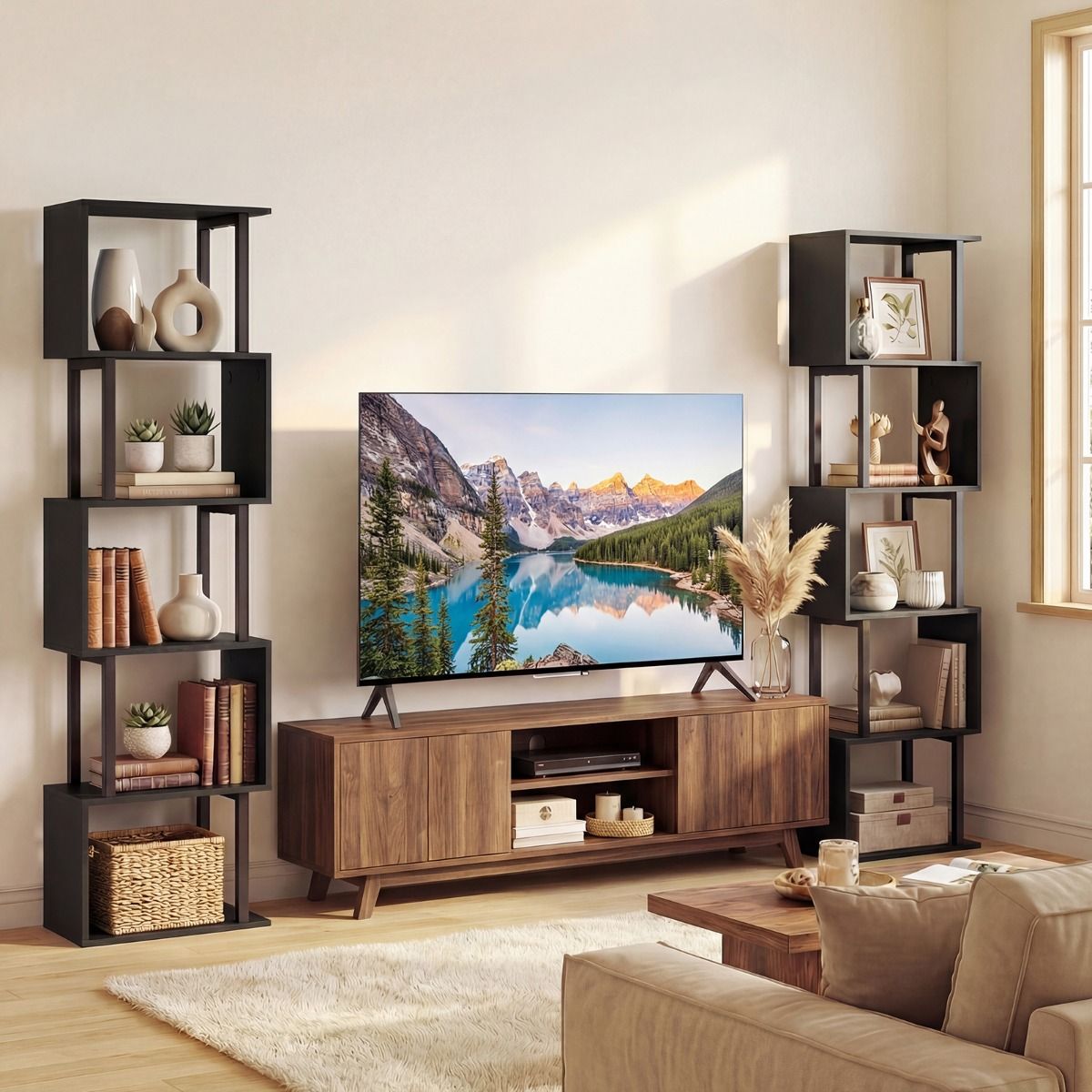 Coast Boekenrek met 5 planken - geometrisch ontwerp - metalen frame - zwart/rustiek bruin