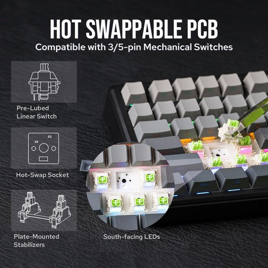 AULA F75 MAX - Zwart/Grijs - Mechanisch Draadloos Toetsenbord - RGB - 75% - QWERTY - Gaming Keyboard - Leobog Reaper Switch