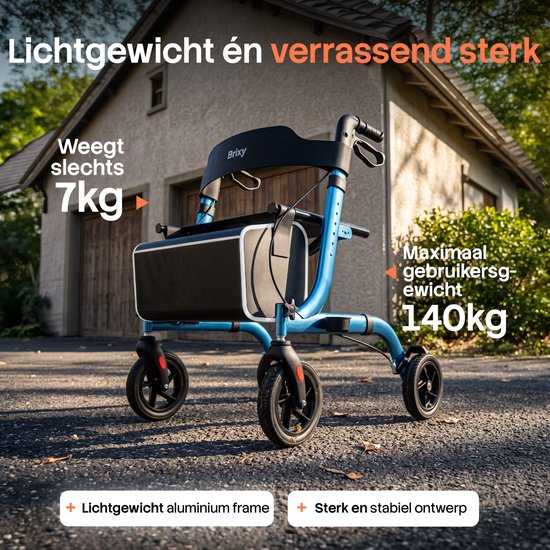 Brixy Rollator - Lichtgewicht & Opvouwbaar - 360° Rubberen Wielen - Zitfunctie - Binnen & Buiten - Rugleuning, Tas & Wandelstokhouder - Blauw