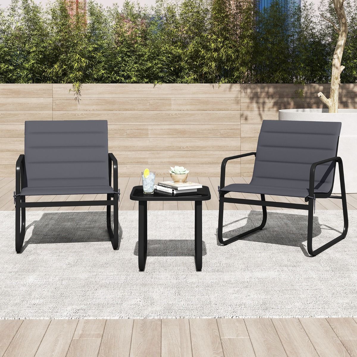 Coast 3-delige tuinset - buitenstoelen met afneembare kussens - bijzettafel met gehard glas - grijs en zwart
