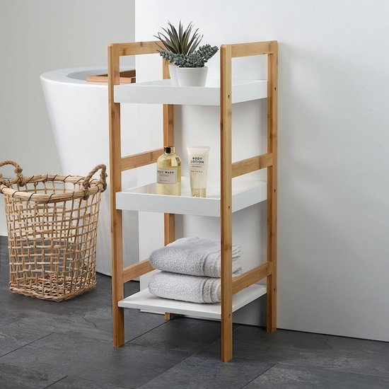 Bamboe houten bijzet kastje/badkamer rek wit/bruin met 3 planken 30 x 30 x 72 cm - Bijzetkastjes
