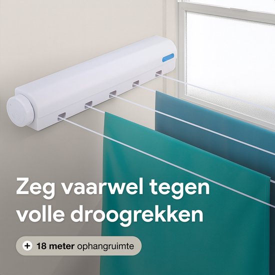 Luft Uittrekbare Wand Waslijn – 5 Lijnen – 4m – Hangend Droogrek voor Binnen & Buiten – Compact & Uitschuifbaar