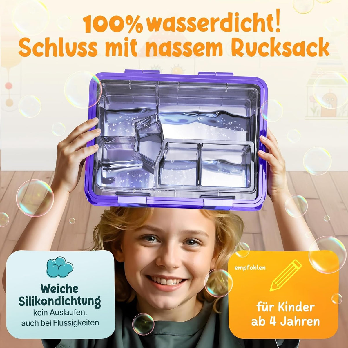 Funkelfuchs® - Lunchbox kinderen met vakverdeling - 800ml, paars - Lunchbox maanlicht, groot - Snackbox, snackbox, broodtrommel, maaltijdbox, bentobox kinderen - voor school, crèche en kinderdagverblijf