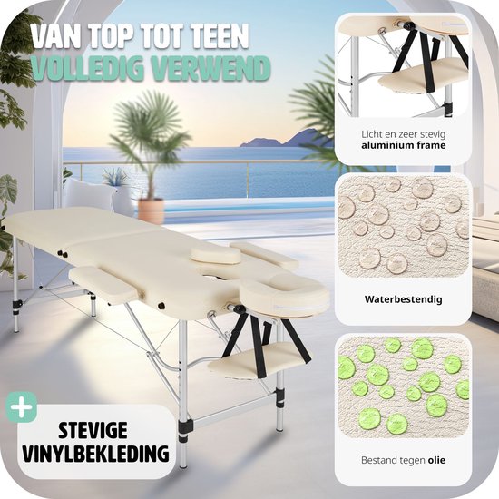 tectake® - aluminium massagetafel 2 zones, massagetafel 4cm matras, opvouwbare massagetafel, in hoogte verstelbare aluminium massagetafel, draagbare massagetafel inclusief accessoires, aluminium hoofdsteun, armleuning en draagtas - beige