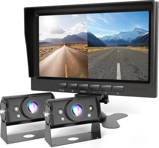 Strex Achteruitrijcamera Set Bedraad Met 2 Camera's (tegelijk bekijken) - HD 1080P - 7" Scherm - 18LED Nachtzicht 15m - IP69 Waterdicht - Achteruitrij Camera