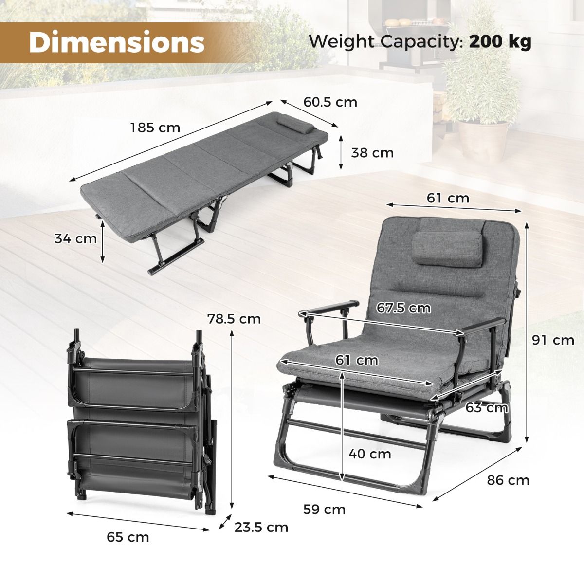 Coast Campingbed 3-in-1 Opvouwbaar Veldbed en Ligstoel - 6 standen - Grijs en Zwart