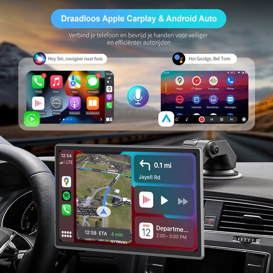 Strolox Carplay scherm 9 inch - Geschikt voor Apple carplay & Android Auto - Draadloze - Navigatiesysteem - Universeel Auto Stereo Bluetooth - USB-C aansluiting - 2 montage beugels - 2024