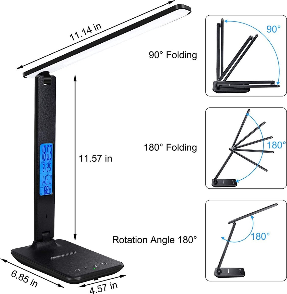 Fuegobird LED Bureaulamp - met kalender - USB-oplaadpoort - opvouwbaar - Zwart