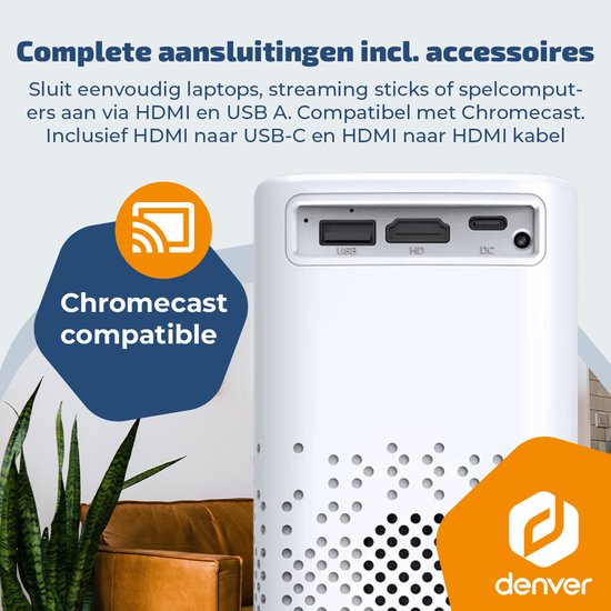 Denver Portable Beamer - 4K 3840x2160P - 150 ANSI Lumen - Projector - Ingebouwde Batterij - Thuisbioscoop - HDMI - USB-C - PR4700