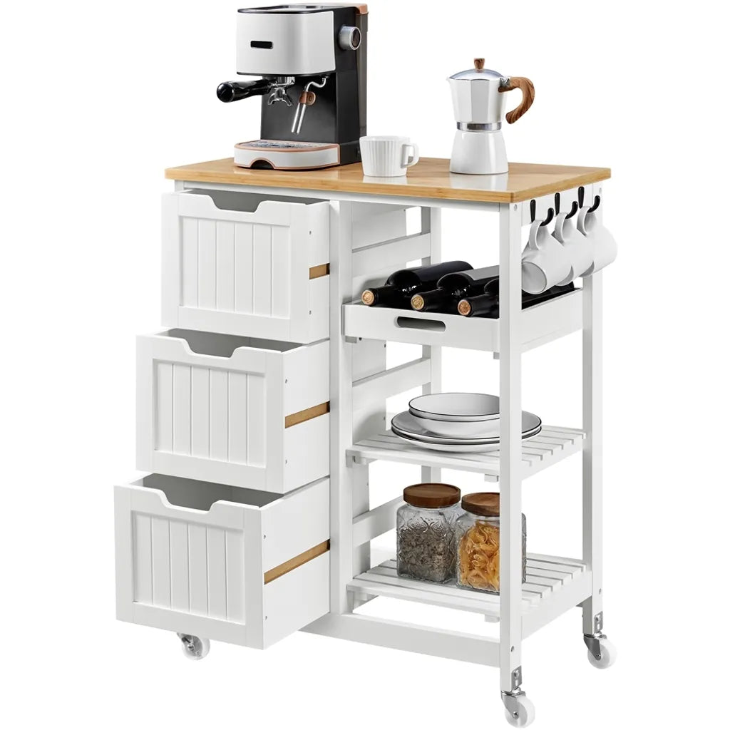 Yaheetech Keukentrolley op Wielen – Wit/Bamboe – 67 x 37 x 84,5 cm – Met 3 Lades en 3 Planken