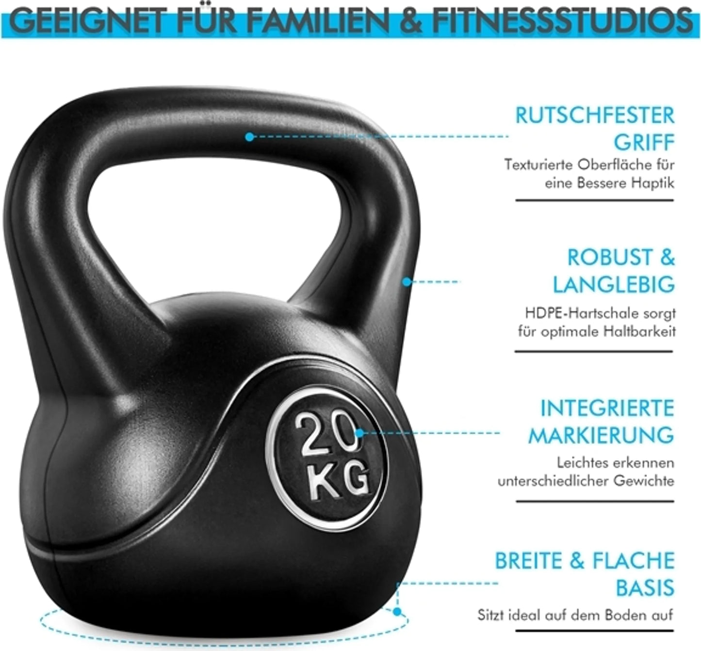 Yaheetech Kettlebell 20 kg – 27,5 x 26,5 x 34 cm – Voorzien Van Ergonomische Handgreep En Anti-Kras Kunststof Behuizing En Cementvulling – Voor Krachttraining En Thuisgym – Zwart Kunststof En Beton