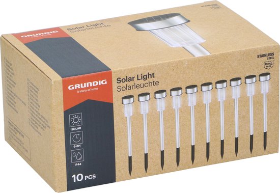 Grundig Solar Tuinverlichting - Tuinfakkels 10 Stuks - Prikspot op Zonne Energie - Tuinlantaarns met Wit Licht - IP44 Waterbestendig - Batterijduur 6-8 Uur - Ø4,8 x 36,5 cm - Roestvrij Staal