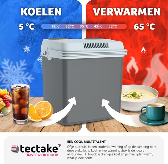 tectake® - Elektrische koelbox met 25 l - Koel- en warmhoudfunctie - Stille elektrische koeltas - Voor auto of stopcontact - Mini-koelkast voor camping, dranken - Thermobox met stroom - Eco Modus