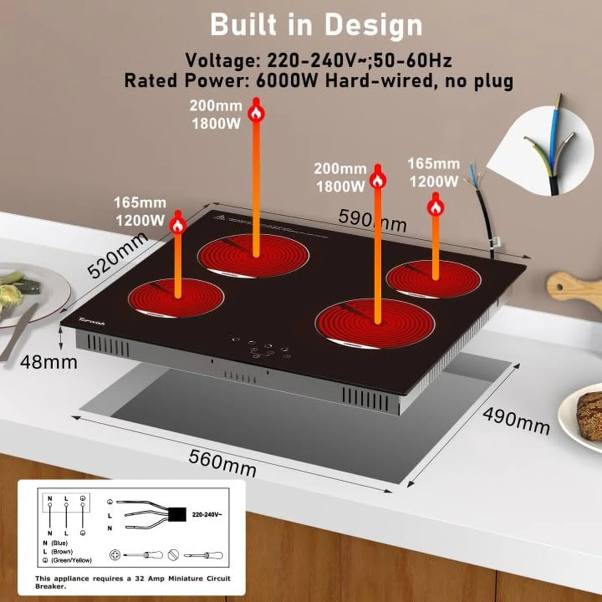 Topwish Inbouw Keramische Kookplaat 4 Zones - 60 cm - 6600W - Touch Bediening - Kinderslot