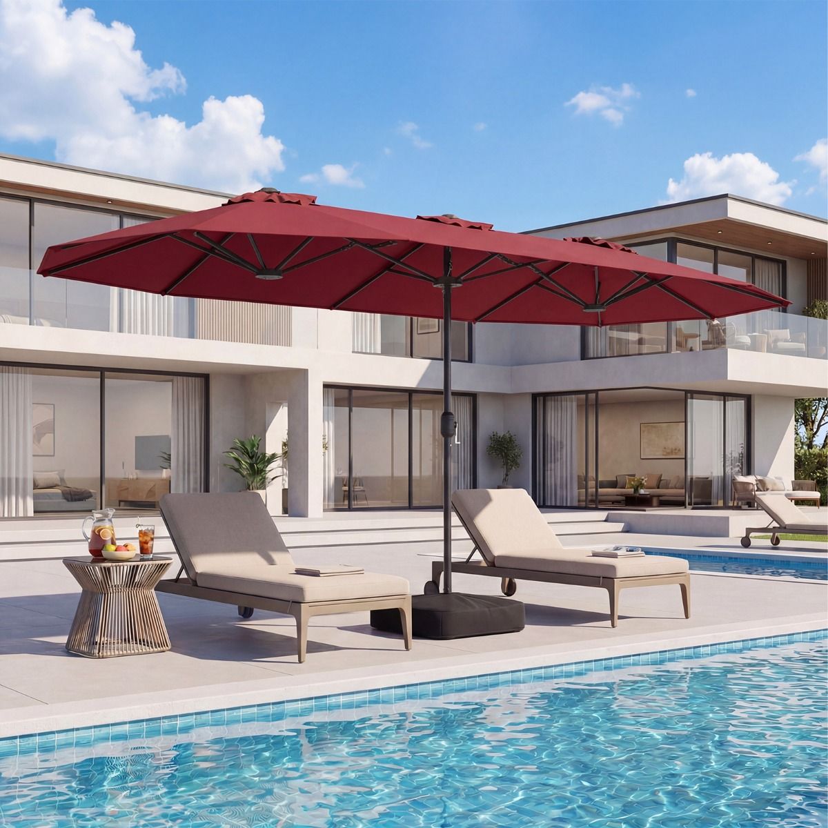 Coast Dubbele Terrasparasol - extra groot doek - verzwaarde voet - Wijnrood 400 x 212 cm