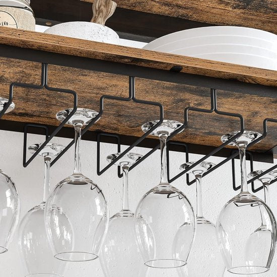 Niceey – Wijnkast Met Glazenhouder –  Voor 24 Flessen – 66 x 30 x 100 cm – Voorzien Van Bovenste Opbergplank En Ruimte Voor 15 Glazen – Voor Woonkamer En Keuken – Zwart En Bruin Metaal En Hout