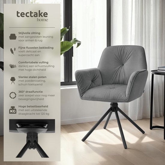 tectake® Draaifauteuil Lenia - Set van 2 Draaifauteuils met Armleuning - Draaibare Eetkamerstoel - Draaibare Fauteuils - Gestoffeerd - Fluweellook Antraciet/Zwart