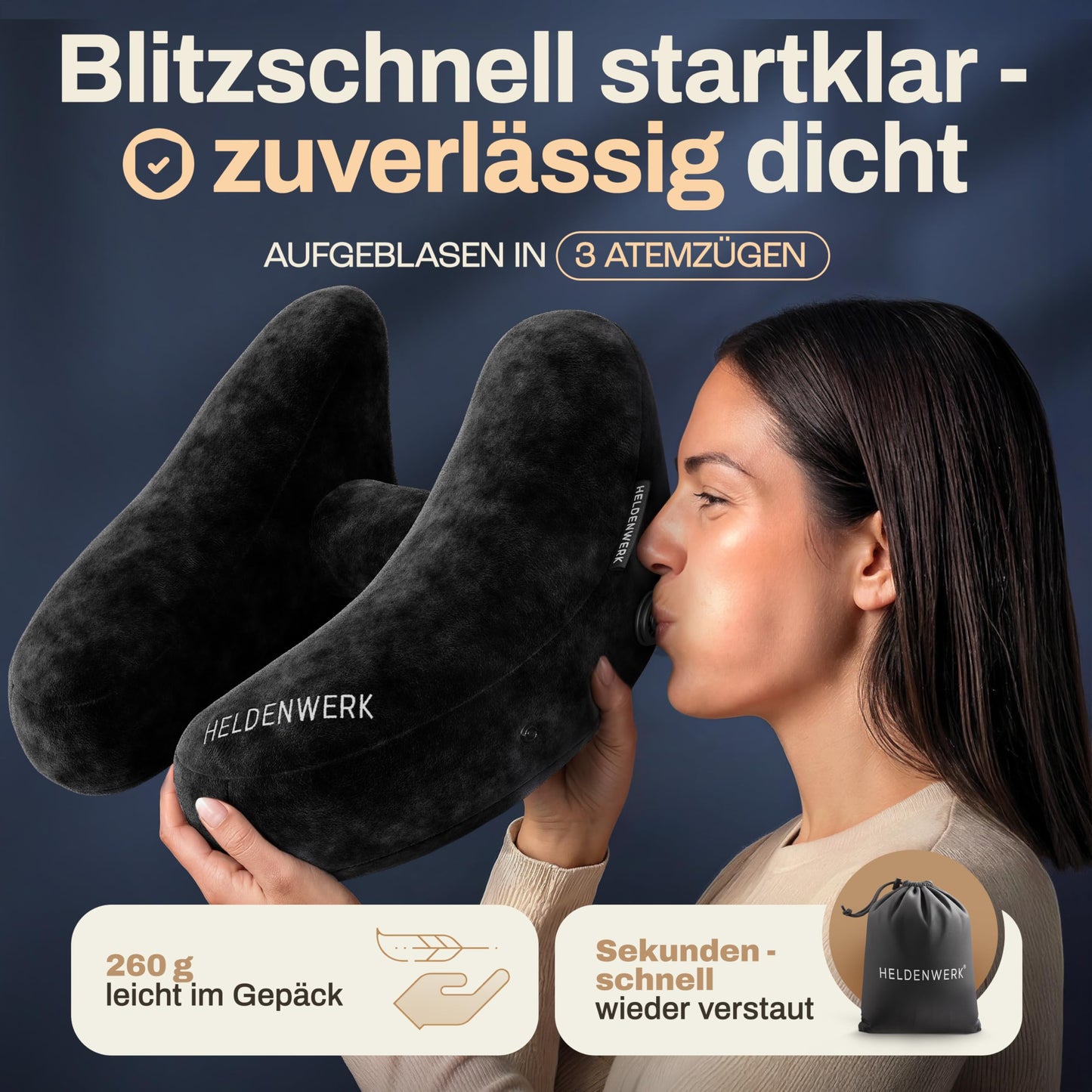 Heldenwerk Nekkussen - Opblaasbaar - Capuchon - Reiskussen - Zwart