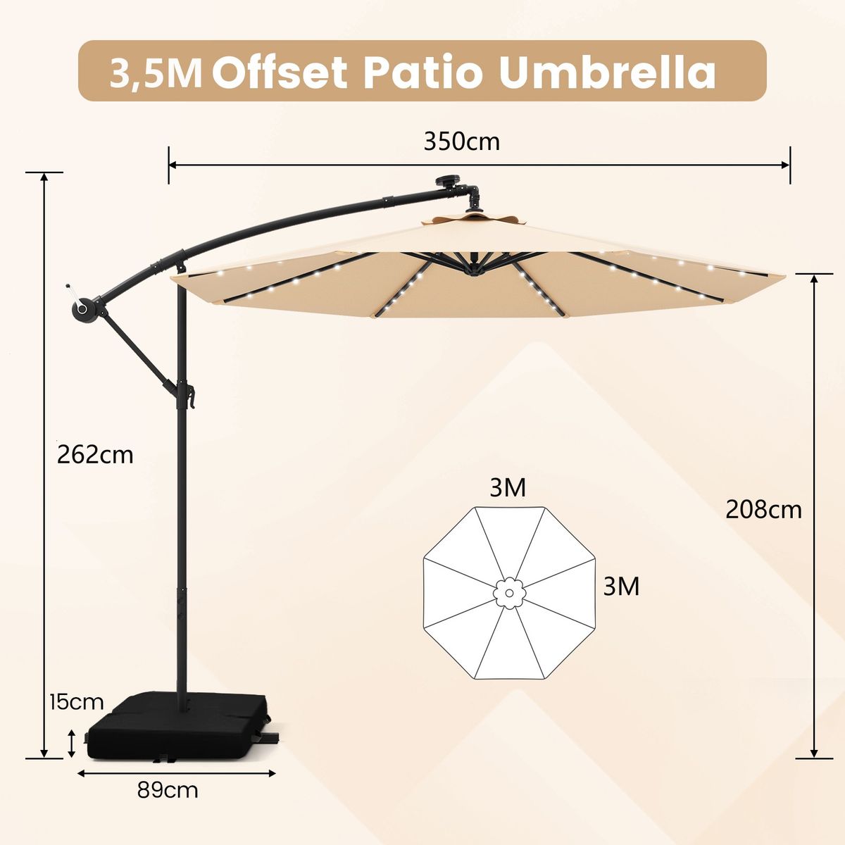 Coast terrasparasol met zonne-energie LED-verlichting - verstelbare slinger - beige - Ø350 cm