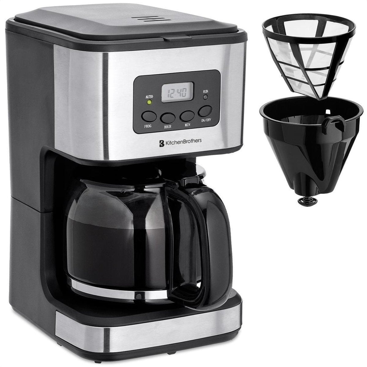 KitchenBrothers Koffiezetapparaat - Koffiemachine incl. Glazen Kan - 1,5L - Herbruikbare filter - Timerfunctie - Zwart/RVS
