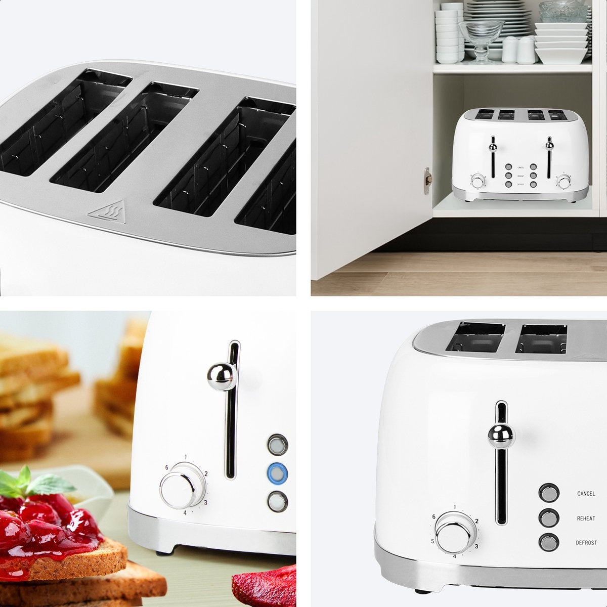 KitchenBrothers Retro Broodrooster - 6 Warmteniveaus - 4 Extra Brede Sleuven - 1630W - Reheat en Ontdooi-functie - Wit