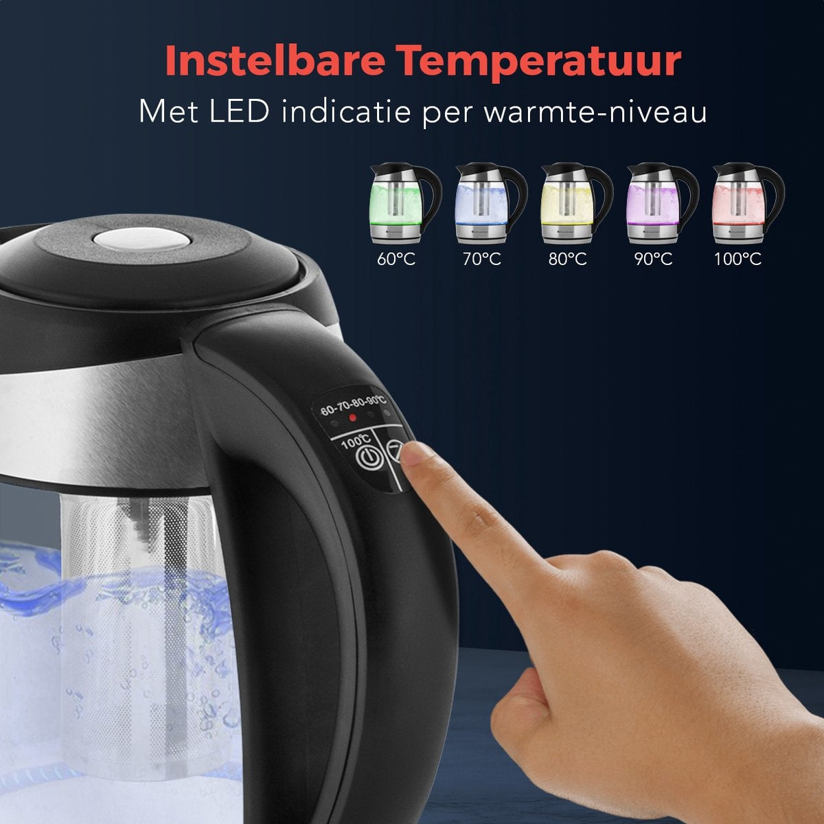 KitchenBrothers Waterkoker - 1.8L - Glas - BPA vrij - 2200W - 22.09x16x24.41 - Glas|Met temperatuurregeling