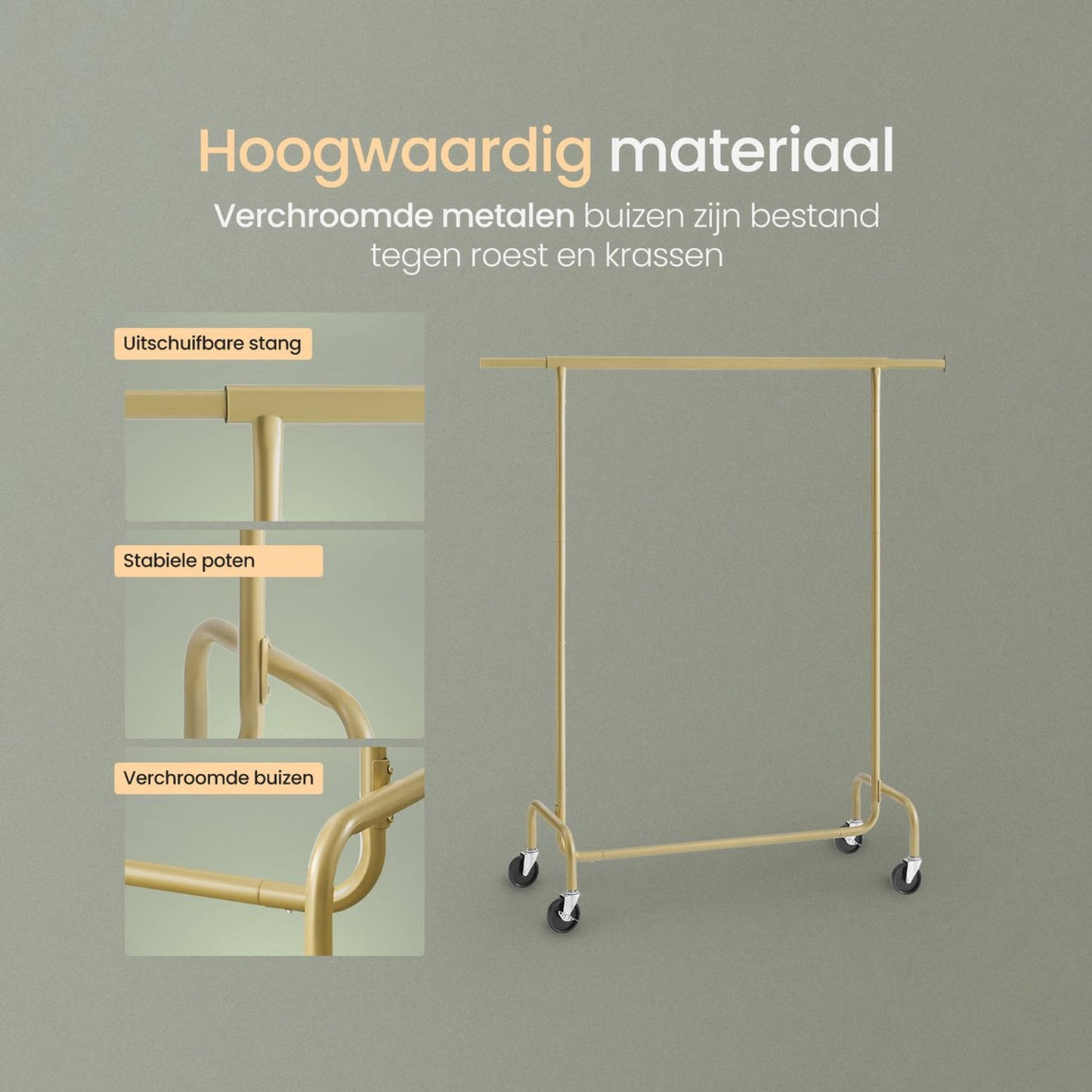 O'DADDY® Kledingrek Op Wielen - Tot 130 Kg Draagvermogen - RVS - 45 x 150 x 162.8 cm - Goud