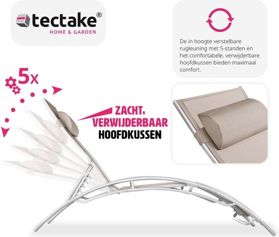 tectake® set van 2 tuinstoelen ligstoelen - aluminium ligbedden - weerbestendig - ideaal voor tuin - balkon - terras - inclusief hoofdkussen - 5-voudig verstelbare rugleuning - beige