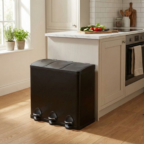 Bayt Prullenbak - Prullenbak 60 Liter - Vuilnisbak 60 liter - Pedaalemmer 60 Liter - Prullenbak 3 vakken - Prullenbak Afvalscheiding - 3x 20 liter - RVS - Zwart