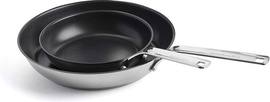 KitchenAid Stainless Steel Koekenpannenset 2-delig - 20/28cm - PFAS-vrije antikleeflaag - Pannenset inductie - Keramische pan - Ovenbestendig tot 160°C - Zilver