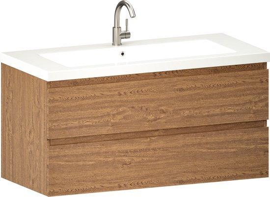Mirlux Badkamermeubel Warm Eiken 100 cm - Wastafel Wit - Badmeubel set - Wastafelmeubel Warm Eiken