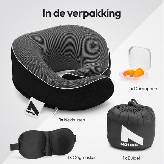NOHRD Nekkussen Vliegtuig - Reiskussen - Zwart - Memory Foam - Incl. Oordopjes, Slaapmasker & Draagtas - Traagschuim - Neksteun