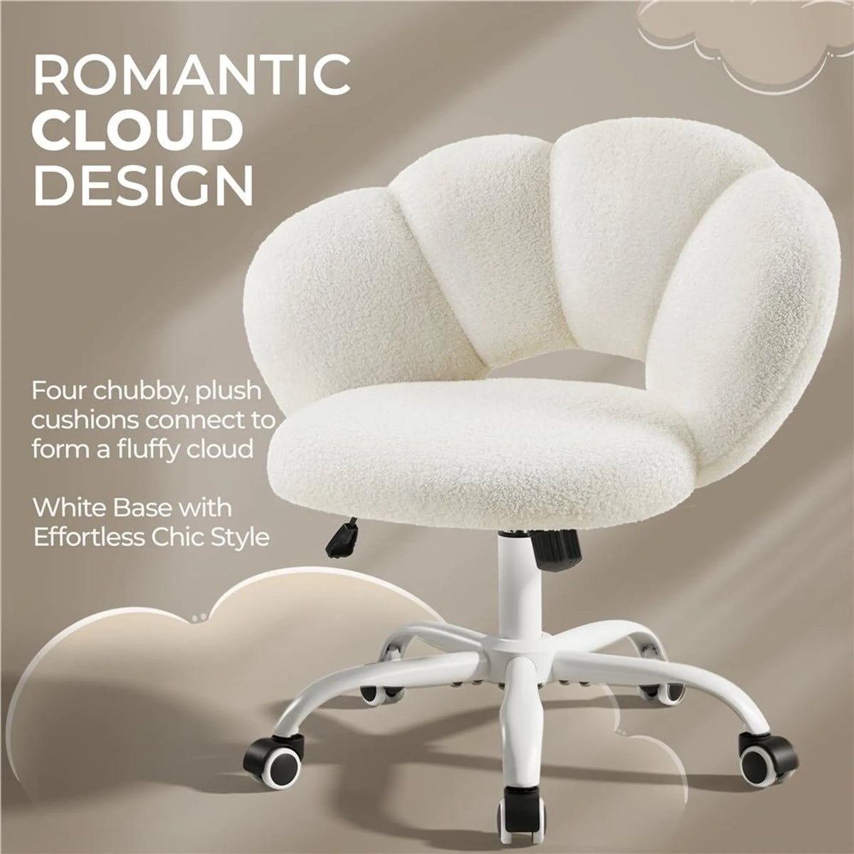 Yaheetech Wolkvormige Bureaustoel – Ergonomisch, Bouclé, 60 × 70 × 72–82 cm – Wit