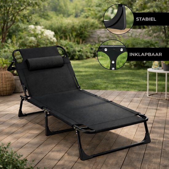 Outbee Ligbed - Ligstoel - Zonnebed - 190x55x30 cm - Inklapbaar - Verstelbaar - Weerbestendig - Zwart
