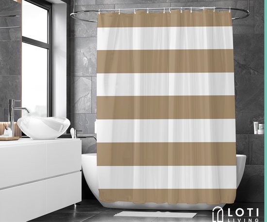 Loti Living Douchegordijn Anti Schimmel – Lichtbruin gestreept - Inclusief ringen – Waterdicht - Polyester - Douchegordijn 180x200 cm