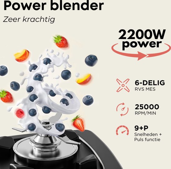 VAIVE Powerblender –  Pulsefunctie & 9 snelheden– 2200 W – 2 Liter – 21,6 x 18,5 x 37,6 cm – Zwart