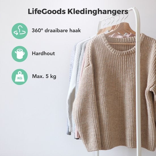 LifeGoods Kledinghangers - Met Broeklat - Hardhout - Natural - 20 Stuks