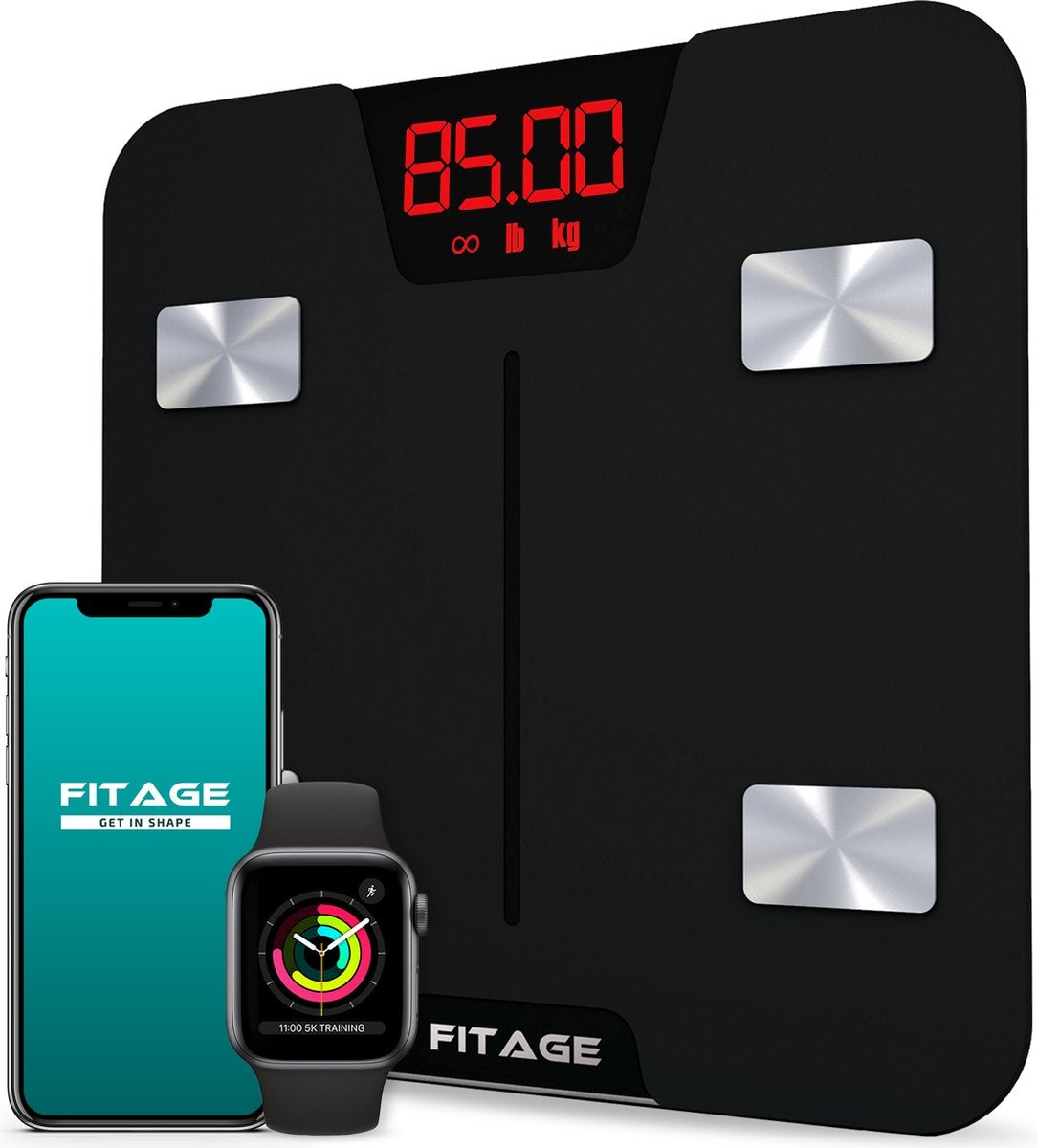 FITAGE Smart Weegschaal – App-tracking & bluetooth - 17 Lichaamswaarden – 180 kg capaciteit – 28 x 28 x 2,5 cm – Zwart