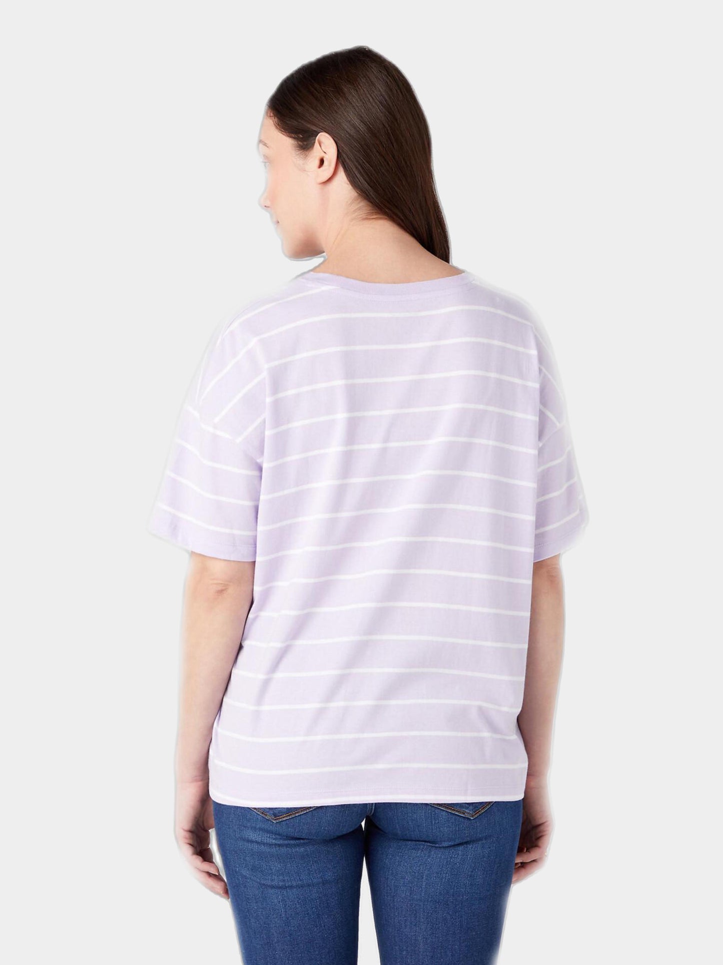 Wrangler Dames T-shirt – Gestreept, Katoen, Maat M, Lavendel/Wit – Oversized Pasvorm, Lengte 62 cm, Bovenwijdte 55 cm