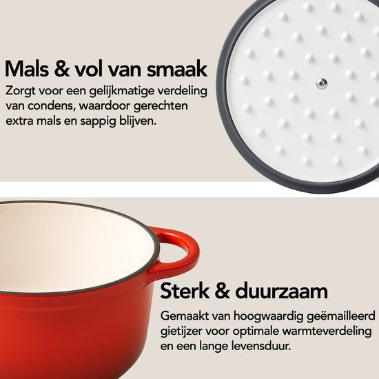 Aviro Gietijzeren Braadpan - Ø26CM - 5L - Alle Warmtebronnen Incl. Inductie - Stoofpot - PFAS-vrij - Met Deksel - Rood
