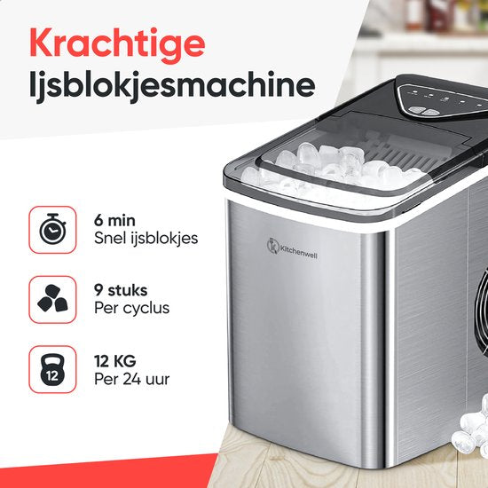 Kitchenwell IJsblokjesmaker – Voorzien Van 2L Watertank En 2 IJsblokjesopties En Rvs Behuizing – Voor Cocktails En Frisdranken – Grijs Roestvrij Staal – 12 kg per 24 Uur