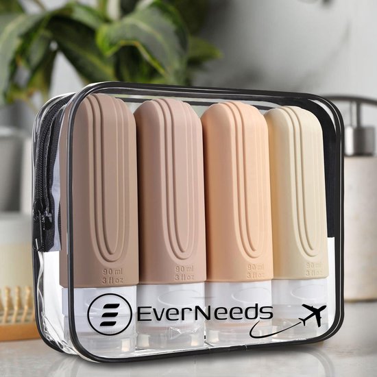 EverNeeds Reisflesjes Met Etui - Navulbaar - Siliconen Reisflesjes Handbagage - Crème - 4 Stuks