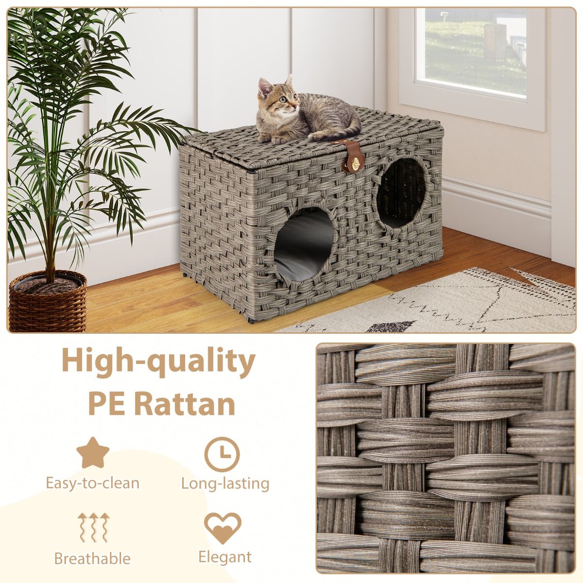 Coast Kattenhuis van riet - opvouwbaar kattenbed - afneembaar kussen - afsluitbaar deksel - 60 x 35 x 35 cm