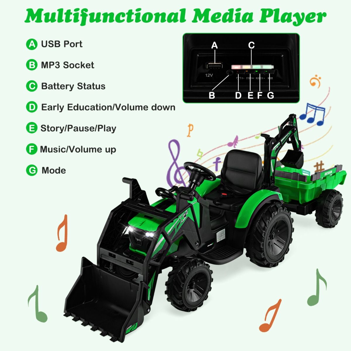 Coast Elektrische Tractor voor kinderen - 12V - Met afstandsbediening - Max. 30 kg - Groen