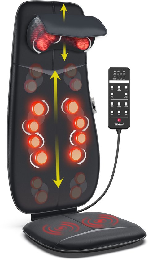 RENPHO Shiatsu massagekussen - Volledige rug- en nekmassage – Met warmte en vibratie – Instelbare zones en intensiteit – Automatische hoogteherkenning – Geschikt voor elke stoel – Ideaal voor thuis of op kantoor